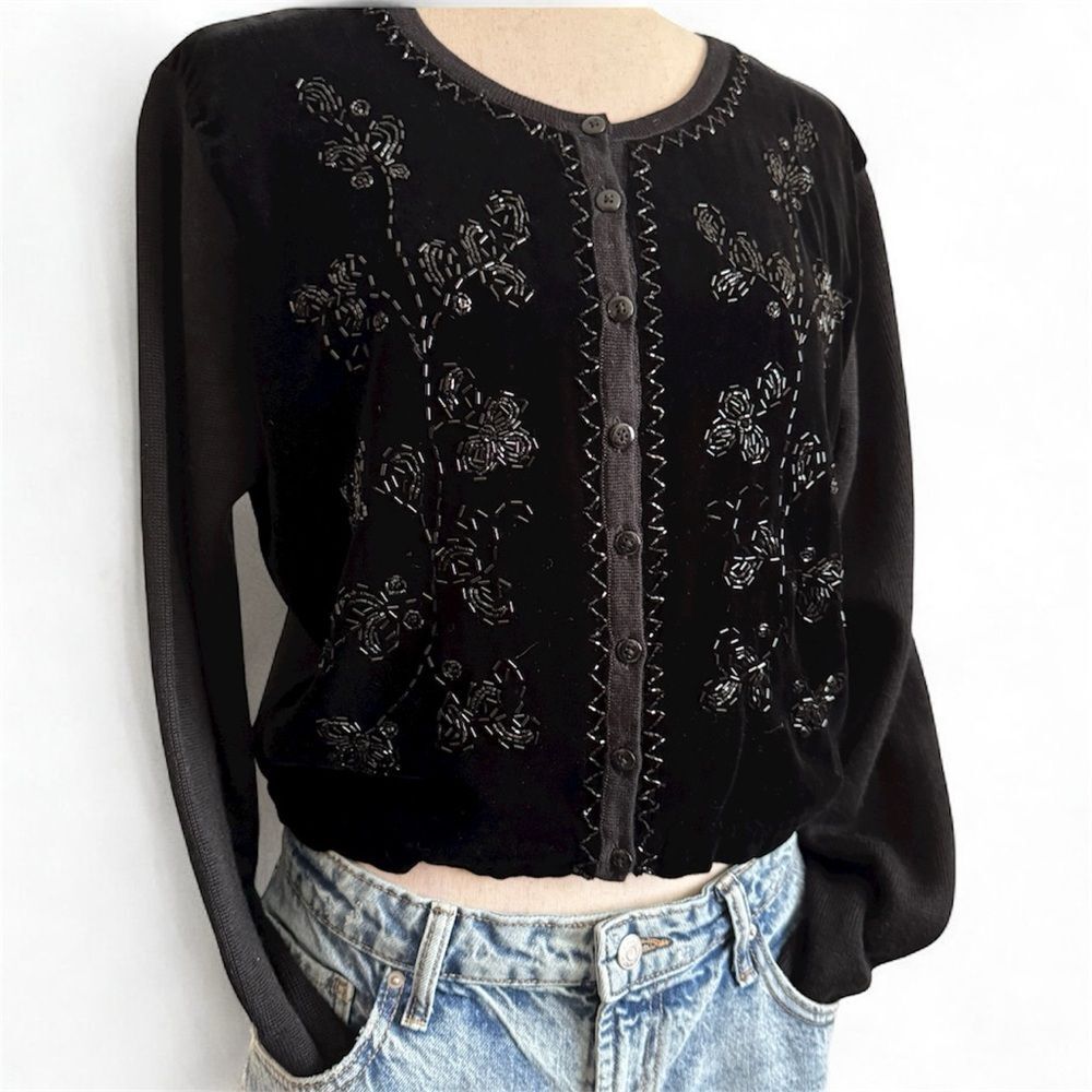 Vintage 90's Moda Int'l Black Embroidered Button-Up Cardigan
